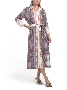 LE RAGAZZE Made In Italy Linen Blend Three-quarter Sleeve Maxi Belted Shirt Dres